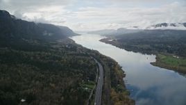 5.5K aerial stock footage following Interstate 84 through the Columbia River Gorge Aerial Stock Footage | AX154_183