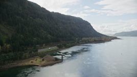 5.5K aerial stock footage approaching the I-84 highway in the Columbia River Gorge, on the Oregon side Aerial Stock Footage | AX154_188