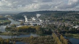 5.5K aerial stock footage approaching Washougal River and the Georgia Pacific Paper Mill in Camas, Washington Aerial Stock Footage | AX154_210E