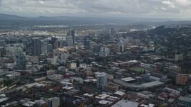 5.5K aerial stock footage of skyscrapers seen from Providence Park in Downtown Portland, Oregon Aerial Stock Footage | AX154_229E