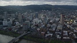 5.5K aerial stock footage orbiting skyscrapers in Downtown Portland, Oregon, seen from across the Willamette River Aerial Stock Footage | AX154_235E