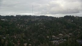 5.5K aerial stock footage of Hillside suburban neighborhood in Southwest Portland, Oregon, with radio towers at the top of the hill Aerial Stock Footage | AX155_015