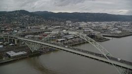 5.5K aerial stock footage orbiting the Fremont Bridge in Downtown Portland, Oregon Aerial Stock Footage | AX155_034
