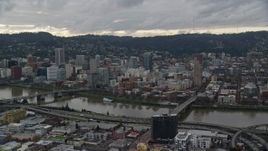 5.5K aerial stock footage of a view of Downtown Portland, Oregon, across the Willamette River Aerial Stock Footage | AX155_041E