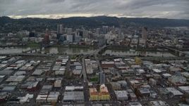 5.5K aerial stock footage of bridges over the Willamette River leading to Downtown Portland, Oregon Aerial Stock Footage | AX155_044