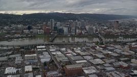 5.5K aerial stock footage of bridges spanning the Willamette River leading to Downtown Portland, Oregon Aerial Stock Footage | AX155_045