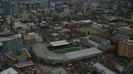 5.5K aerial stock footage tilting to and flyby Providence Park in Goose Hollow, Portland, Oregon Aerial Stock Footage | AX155_057