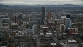 5.5K aerial stock footage of skyscrapers and downtown buildings by Wells Fargo Center in Downtown Portland, Oregon Aerial Stock Footage | AX155_058