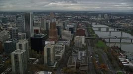 5.5K aerial stock footage flying by South Park Blocks, city streets and skyscrapers near the river in Downtown Portland, Oregon Aerial Stock Footage | AX155_059E