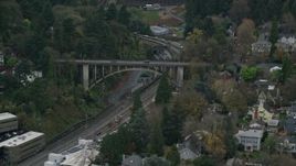 5.5K aerial stock footage of Vista Bridge over SW Jefferson Street in the Goose Hollow neighborhood of Portland, Oregon Aerial Stock Footage | AX155_066