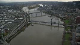 5.5K aerial stock footage orbiting Marquam Bridge, Riverplace Marina, Hawthorne Bridge and reveal Downtown Portland, Oregon Aerial Stock Footage | AX155_069