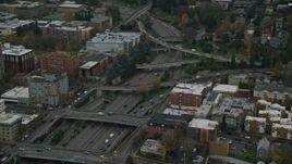 5.5K aerial stock footage of I-405 freeway and overpasses beside Portland State University in Downtown Portland, Oregon Aerial Stock Footage | AX155_072