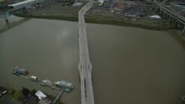 5.5K aerial stock footage of a bird's eye view orbit of Tilikum Crossing bridge and the Willamette River in South Portland, Oregon Aerial Stock Footage | AX155_078