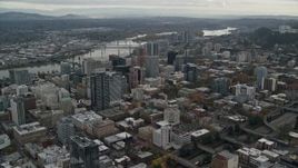 5.5K aerial stock footage orbiting the Downtown Portland cityscape with Willamette River behind it in Oregon Aerial Stock Footage | AX155_100E