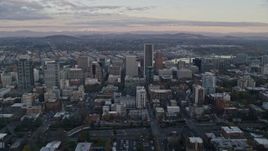 5.5K aerial stock footage flying  by skyscrapers at twilight in Downtown Portland, Oregon Aerial Stock Footage | AX155_146E
