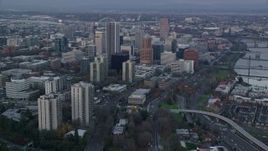 5.5K aerial stock footage orbiting Downtown Portland and riverfront condos at twilight in Oregon Aerial Stock Footage | AX155_151