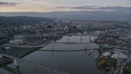 5.5K aerial stock footage of Downtown Portland and the Willamette River at sunset, seen from the Ross Island Bridge Aerial Stock Footage | AX155_170E