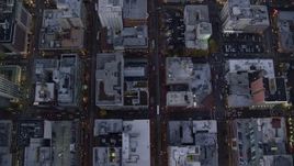 5.5K aerial stock footage of a bird's eye view of buildings between SW 6th Avenue SW 5th Avenue at twilight near Pioneer Courthouse, Downtown Portland, Oregon Aerial Stock Footage | AX155_232E