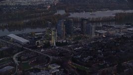 5.5K aerial stock footage of South Waterfront high-rise condo complexes by the Willamette River in Portland, Oregon, twilight Aerial Stock Footage | AX155_245
