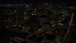 5.5K aerial stock footage flying over KOIN Center and Wells Fargo Center, and reveal city squares at night in Downtown Portland, Oregon Aerial Stock Footage | AX155_328E