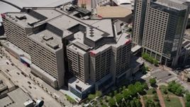 4.8K aerial stock footage orbit CNN Center and Omni Hotel, Downtown Atlanta, Georgia Aerial Stock Footage | AX36_105E