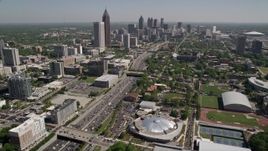 4.8K aerial stock footage flying by Georgia Institute of Technology, Midtown and Downtown skyscrapers, Atlanta, Georgia Aerial Stock Footage | AX37_034E