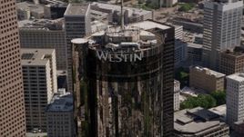 4.8K aerial stock footage orbiting top of Westin Peachtree Plaza Hotel, Downtown Atlanta Aerial Stock Footage | AX37_059