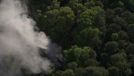 4.8K aerial stock footage of smoke rising from a house fire in a wooded area, West Atlanta Aerial Stock Footage | AX38_058