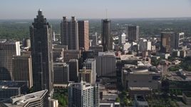 4.8K aerial stock footage approaching Westin Peachtree Plaza Hotel in Downtown Atlanta, Georgia Aerial Stock Footage | AX38_071E