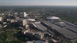 4.8K aerial stock footage approaching Georgia Dome and Georgia World Congress Center, Atlanta Aerial Stock Footage | AX38_080