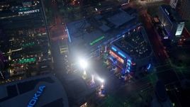 4K aerial stock footage of a bird's eye of LA Live, Downtown Los Angeles, twilight Aerial Stock Footage | AX44_064