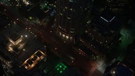 4K aerial stock footage of city streets and buildings, Downtown Los Angeles, night Aerial Stock Footage | AX44_081