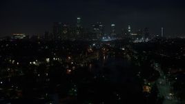 4K aerial stock footage approaching skyline, Downtown Los Angeles, night Aerial Stock Footage | AX44_088