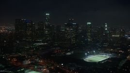 4K aerial stock footage closing in on skyline, Downtown Los Angeles, night Aerial Stock Footage | AX44_089