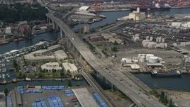 5K aerial stock footage approaching and tilt down to the West Seattle Bridge, Harbor Island, Washington Aerial Stock Footage | AX45_015