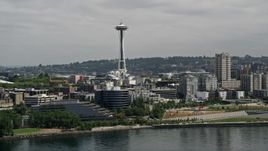 5K aerial stock footage tilting from Elliott Bay to reveal the Space Needle, Seattle, Washington Aerial Stock Footage | AX45_028E