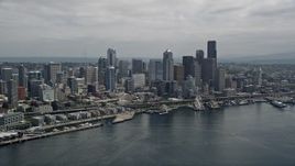5K aerial stock footage approaching the Waterfront and Downtown Seattle skyline from Elliott Bay, Washington Aerial Stock Footage | AX45_072E
