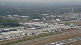 5K aerial stock footage of passing by parked airliners at Paine Field, Everett, Washington Aerial Stock Footage | AX45_137