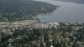 5K aerial stock footage approaching seaplane airport Kenmore Air Harbor on Lake Washington, Kenmore, Washington Aerial Stock Footage | AX46_015