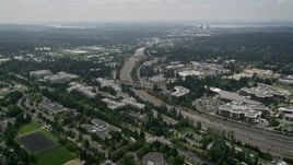 5K aerial stock footage of State Route 520 and office buildings at Microsoft Headquarters, Redmond, Washington Aerial Stock Footage | AX46_036