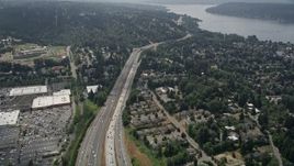 5K aerial stock footage fly over I-405 and a suburban community toward Lake Washington, Bellevue, Washington Aerial Stock Footage | AX46_044