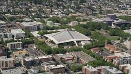 5K aerial stock footage of KeyArena multipurpose arena at Seattle Center in Downtown Seattle, Washington Aerial Stock Footage | AX47_048