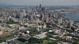 5K aerial stock footage of a view of the Space Needle, and downtown skyscrapers in the background, Downtown Seattle, Washington Aerial Stock Footage | AX47_050