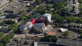 5K aerial stock footage of the Museum of Pop Culture at Seattle Center in Downtown Seattle, Washington Aerial Stock Footage | AX47_051