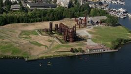 5K aerial stock footage approach Gas Works Park on the shore of Lake Union, Wallingford, Seattle, Washington Aerial Stock Footage | AX47_066