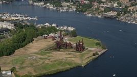 5K aerial stock footage of flying by Gas Works Park beside Lake Union, Wallingford, Seattle, Washington  Aerial Stock Footage | AX47_074