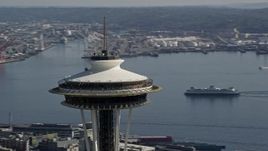 5K aerial stock footage of orbiting around the top of the Space Needle in Downtown Seattle, Washington Aerial Stock Footage | AX47_127E