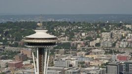 5K aerial  video orbit around the top of the Space Needle, Downtown Seattle, Washington Aerial Stock Footage | AX47_130E
