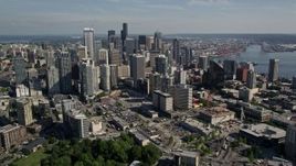 5K aerial stock footage fly south to approach skyscrapers and city buildings, Downtown Seattle, Washington Aerial Stock Footage | AX47_134