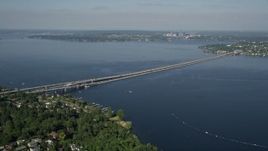 5K aerial stock footage of Lacey V. Murrow Memorial Bridge spanning Lake Washington to Mercer Island, Seattle, Washington Aerial Stock Footage | AX47_142